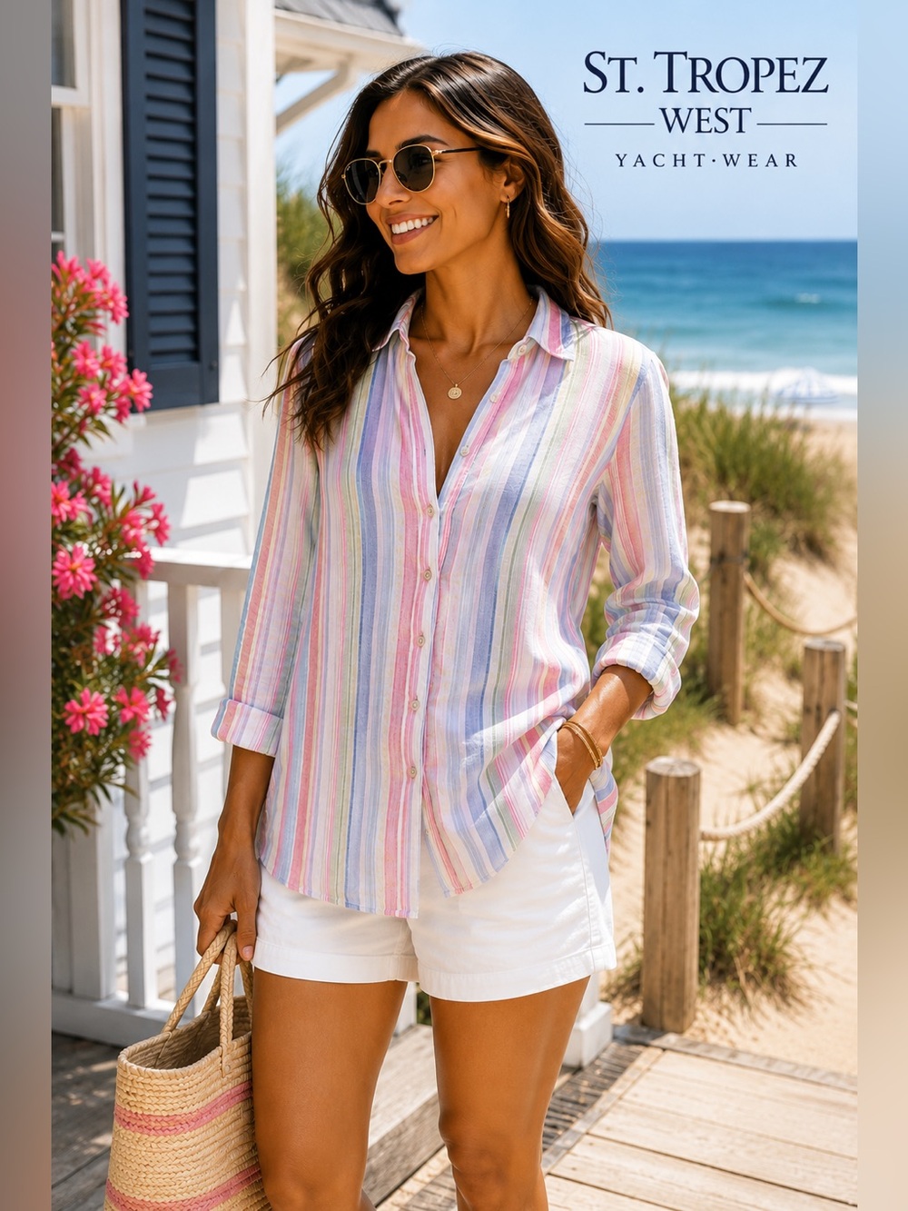 St. Tropez West,Gorgeous Yacht-Wear Linen Button-Front Top, Med (Runs Large)